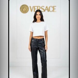 90’s Versace Vegan Leather Pants w Fishnet Detail